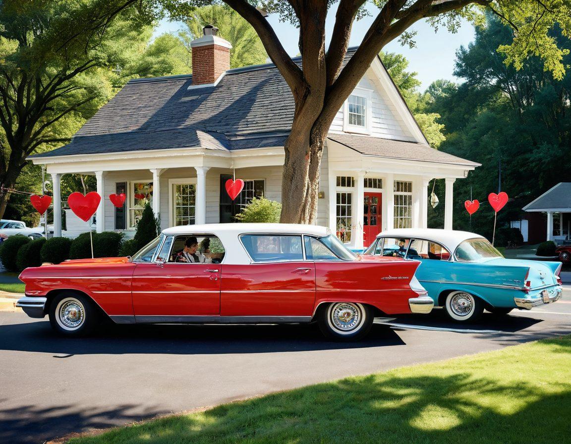 A whimsical scene depicting a charming DMV office surrounded by picturesque Virginia landscapes, with couples happily interacting while waiting in line. Include vintage cars parked outside and heart-shaped decorations in the office windows, symbolizing love amidst the bureaucratic process. Bright and inviting colors that evoke warmth and romance. super-realistic. vibrant colors.