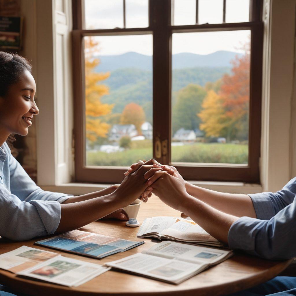 A warm, inviting scene of a couple exploring Virginia's picturesque landscape, with a backdrop of iconic landmarks like the Blue Ridge Mountains and historic architecture. They are holding hands while browsing brochures about relationship resources in a cozy local cafe. Soft sunlight bathes the scene, creating an atmosphere of love and connection. Super-realistic. Warm colors. Nature-inspired.